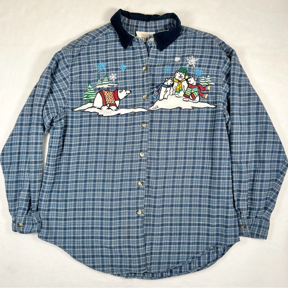 CASEY & MAX Vintage Plaid Embroidered Polar Bear Winter Scene Flannel Size Large